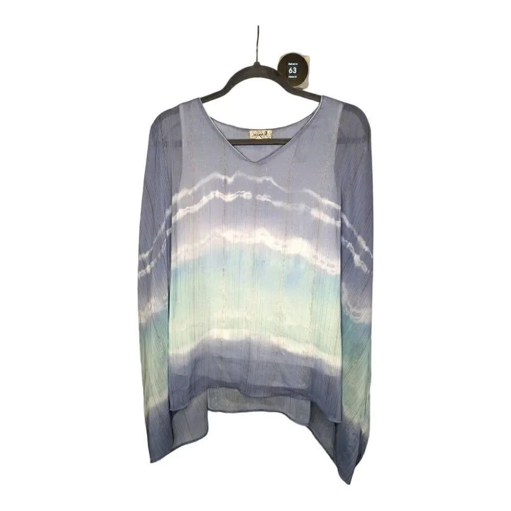 One World Sheer Lined Blue and Green Tunic Women's Small